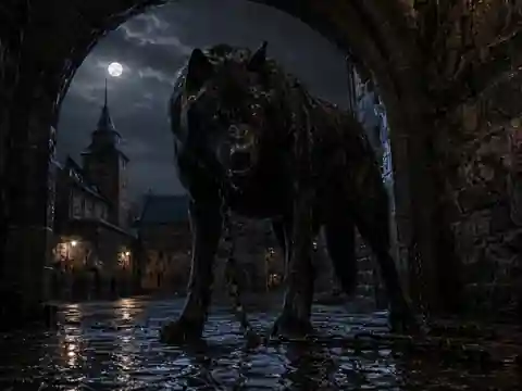 Artistic reconstruction of an enormous black guardian hound beneath a stone arch at Akershus Fortress.
